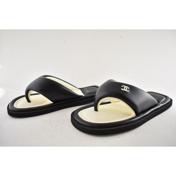 Chanel 22P Black White Lambskin Padded Pool Thong Logo Mule Slide Flat Sandal 36 - Picture 12 of 14